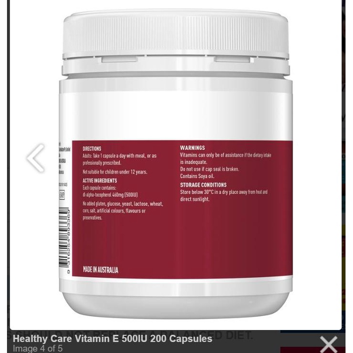 Viên uống vitamin e 500iu healthy care 200 viên úc, giúp đẹp da, chậm lão hóa
