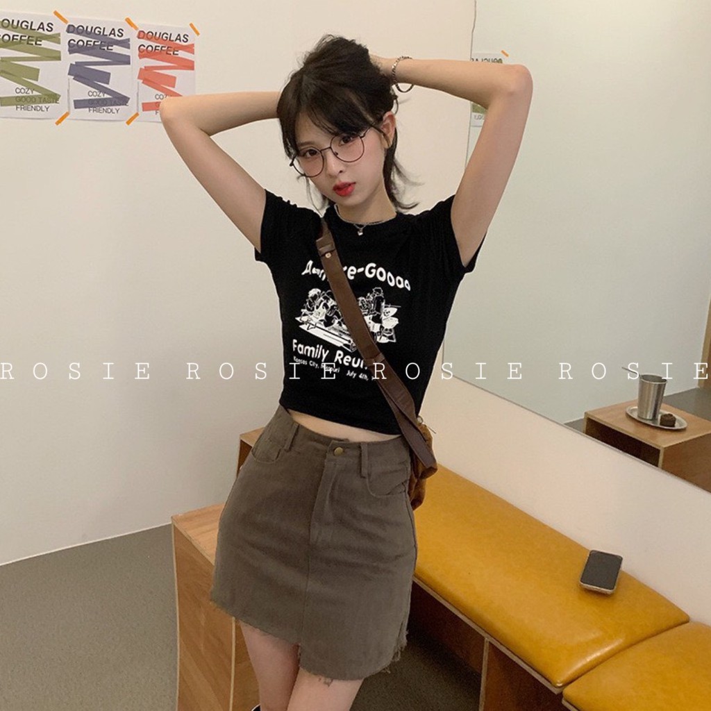 Áo croptop nữ ngắn tay cổ tròn, áo croptop nữ phong cách Hàn Quốc in hình Family