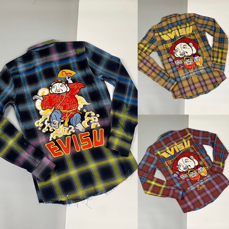 Sơ Mi Kẻ Loang Rách Gấu Thêu Hình EVISU