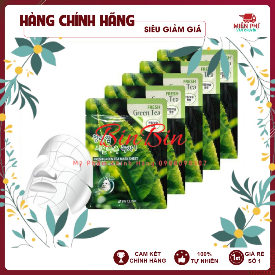 [Đắp là Phê - Hàng Nhập Khẩu] Combo 10 Túi Mặt nạ giấy - Mặt nạ dưỡng da chiết xuất Trà Xanh 3W Clinic Hàn Quốc