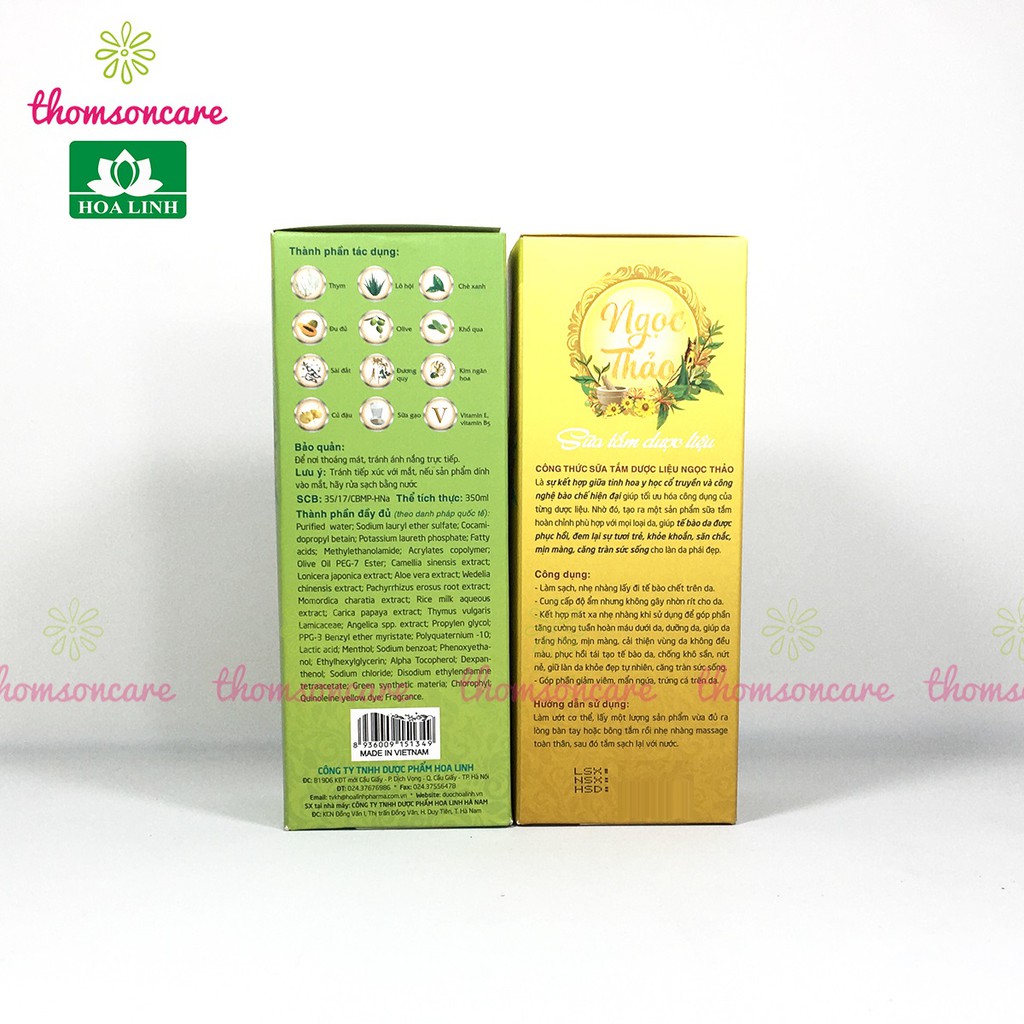 Sữa tắm thảo dược Ngọc Thảo 350ml - Chai có vòi của dược Hoa Linh, từ vitamin E, chè xanh, lô hội và dược liệu