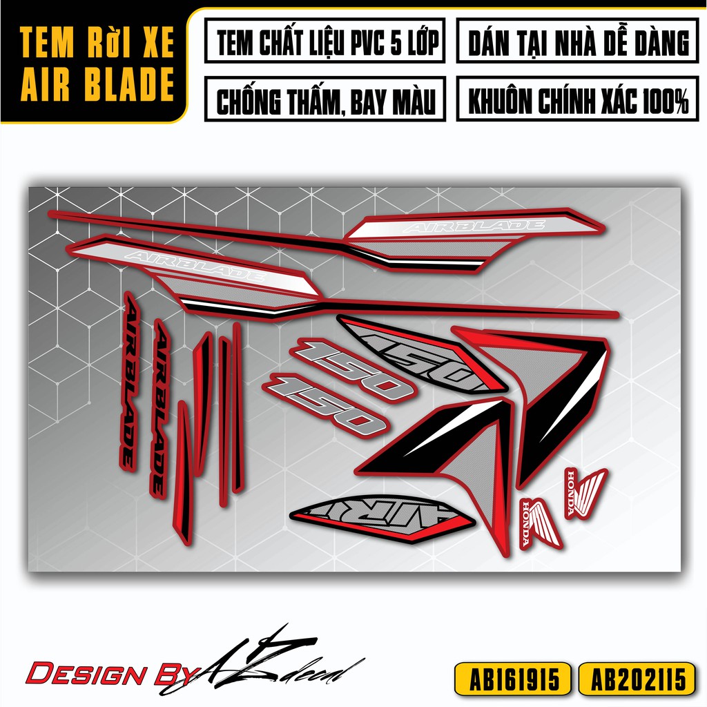 Tem Xe Airblade 2016 - 2022 Mẫu 150 | AB15 | Chất Liệu Decal PVC Cao Cấp Chống Nước, Chống Bay Màu