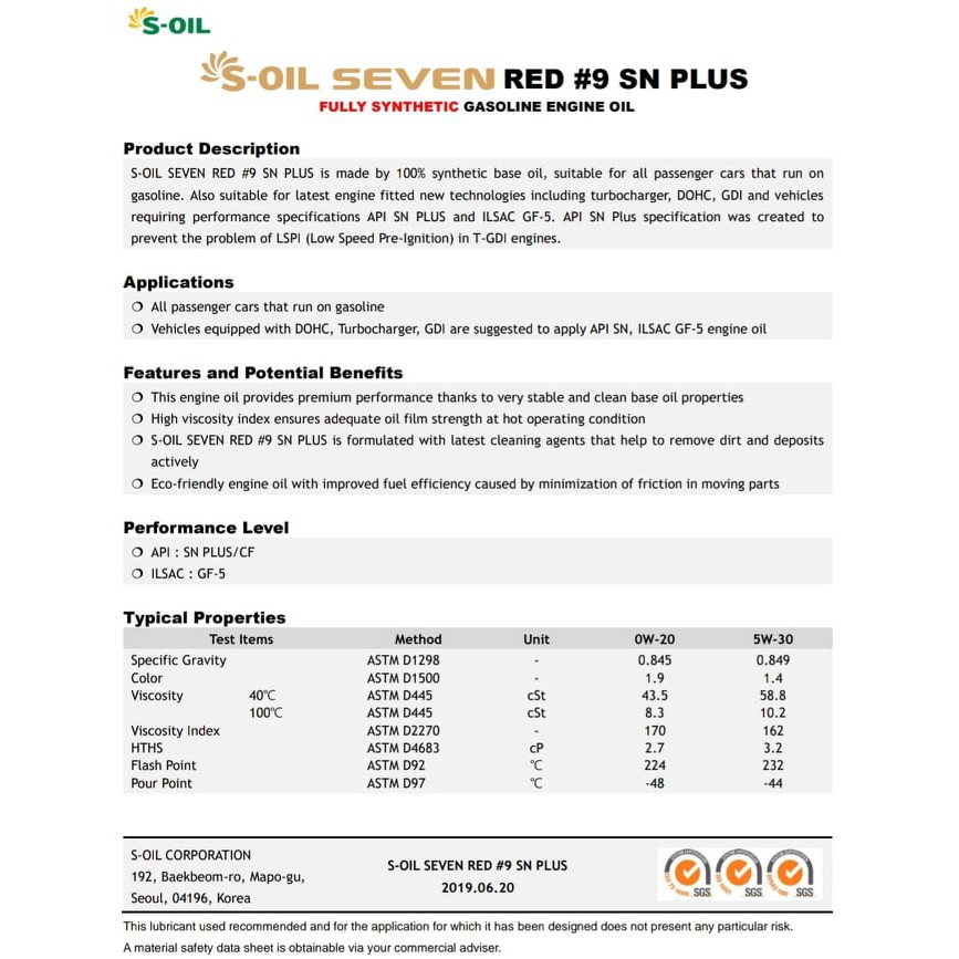 NHỚT S-OIL 7 RED #9 SN PLUS 5W-30 - TỔNG HỢP 100%
