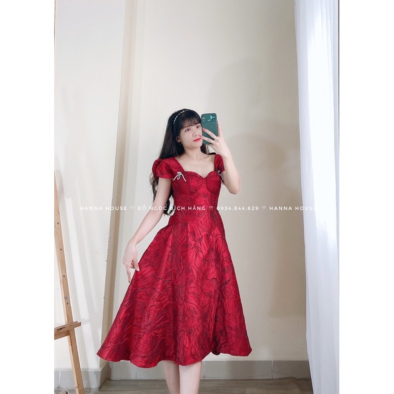 [VIDEO &amp; ẢNH THẬT]_Đầm Gấm Đỏ Xòe Phồng Công chúa đính nơ đá sang chảnh dự tiệc Freesize 50-60kg 1466