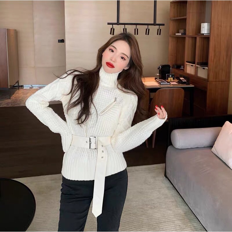 Áo len cổ lọ kèm belt da