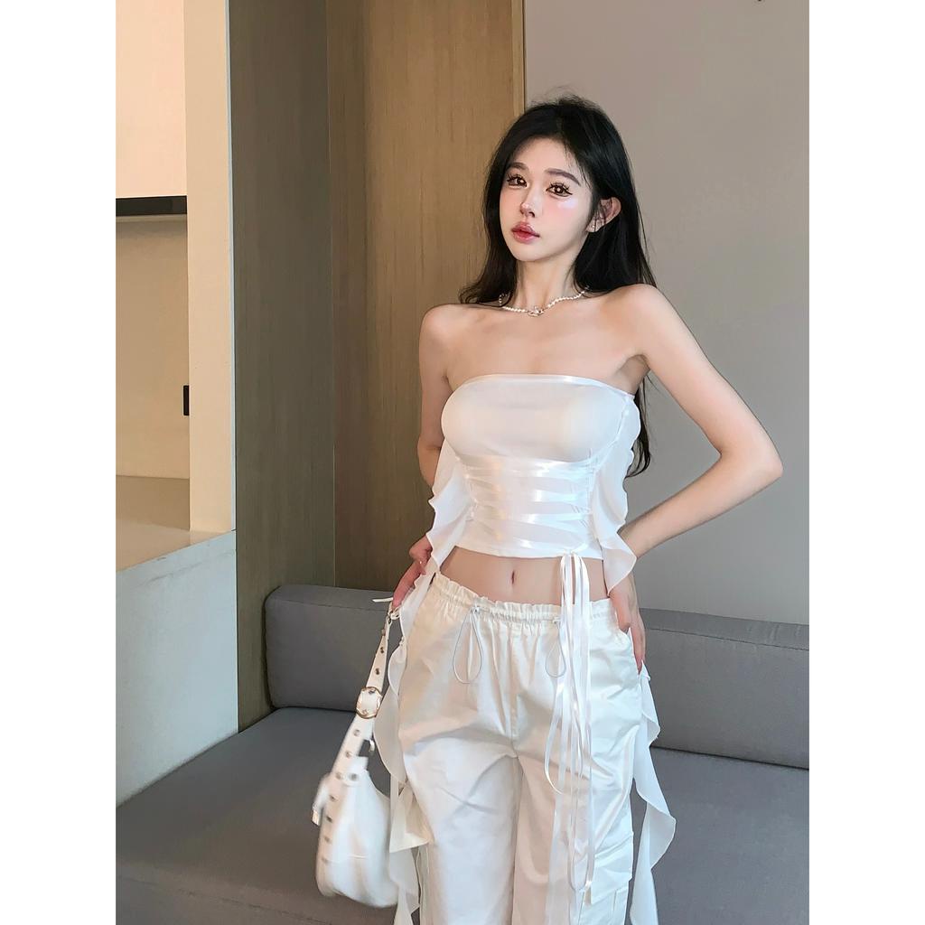 QADCOL  Áo Croptop Áo Tank Top Hở Lưng Cột Dây Phong Cách Mỹ Thời Trang Mùa Hè Quyến Rũ Cho Nữ