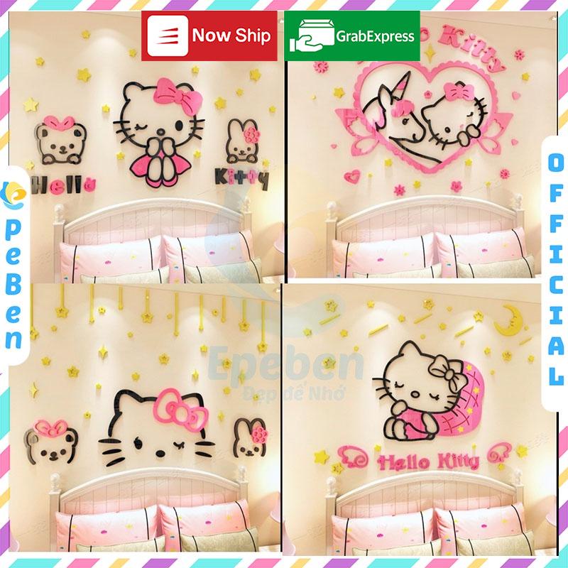 Tranh dán tường mica 3d decor khổ lớn hello kitty cùng các bạn trang trí mầm non, phòng cho bé Nhiều Size - EPeBen