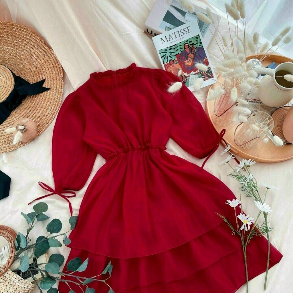Váy đấm xoè xếp tầng bèo cổ xếp ly kiểu dáng dễ thương