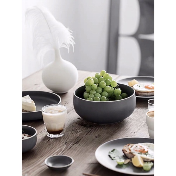 Bộ bát đĩa xám men mờ viền trắng phong cách Bắc Âu