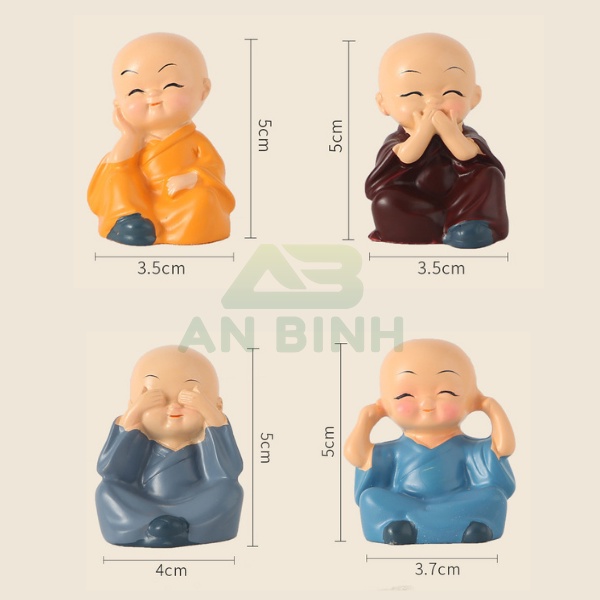 Bộ 4 Tượng Chú Tiểu Tứ Không-Tứ quyền - Tứ Tửu Để Taplo Trang Trí Xe Ô Tô, Bàn Làm Việc, Bàn Học
