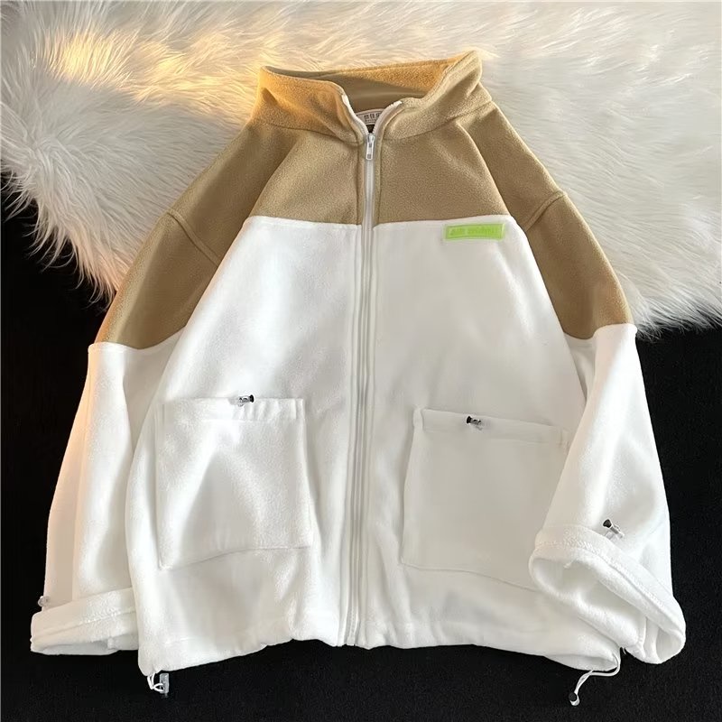 Áo Khoác Hoodie Dáng Rộng Phối Khóa Kéo Kiểu Retro Đường Phố Mỹ Cá Tính