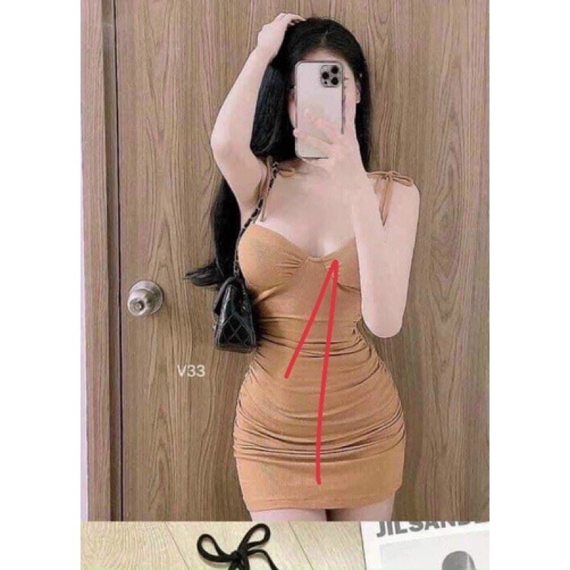 Có mút ngực Đầm Body nhún Ngắn Cúp Ngực Hai Dây Thắt Nơ Vai Sexy Nữ Tính