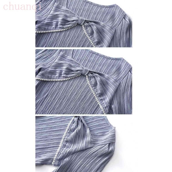 Áo sơ mi voan tay phồng cổ vuông thắt nơ trang trí họa tiết kẻ sọc thời trang mùa thu mới dành cho nữ