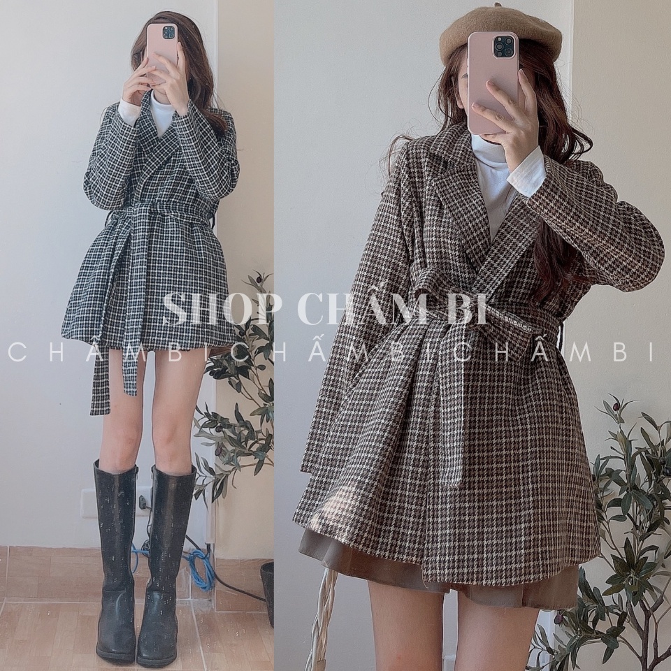 Áo khoác kiểu nữ A.274, Áo khoác dạ kẻ caro cổ vest 2 màu thắt đai eo tiểu thư