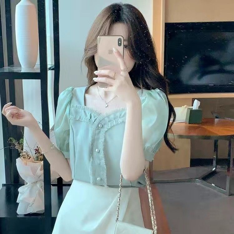 Áo Sơ Mi Chiffon Cổ Vuông Tay Ngắn Phồng Thời Trang Mùa Hè 2022 Hàng Có Sẵn