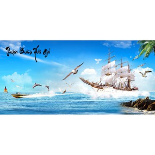 Tranh dán tường 3D thuận buồm xuôi gió - Vải lụa (kích thước theo yêu cầu)