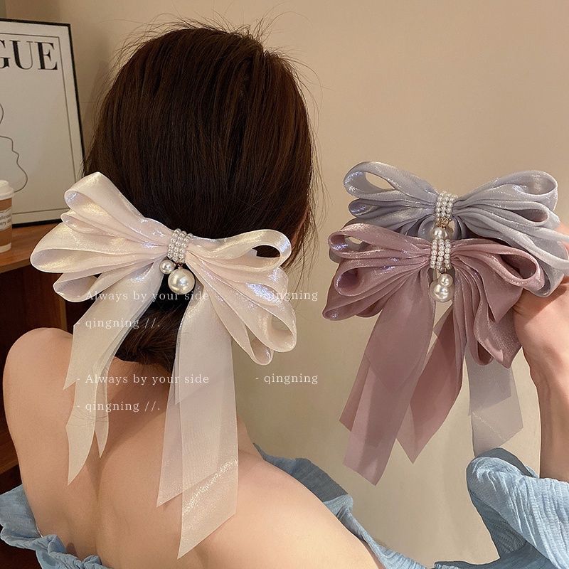 Dây Ruy Băng Cột Tóc Đính Nơ Ngọc Trai Lớn Thời Trang Dành Cho Nữ