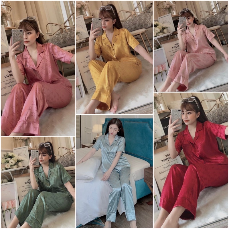 Đồ Bộ Pijama Lụa💖Bộ Lụa Gấm Tay Ngắn-Quần Dài Họa Tiết Sang Trọng