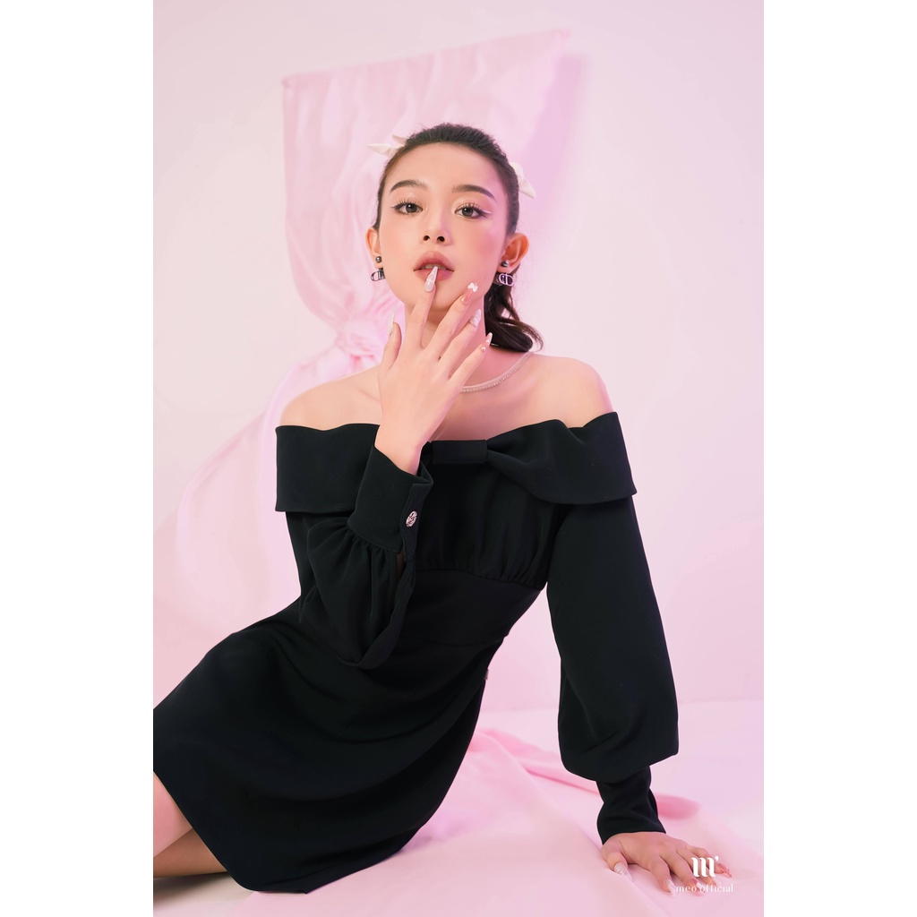 Đầm nữ thiết kế Méo shop cổ nơ trễ vai bo eo phối lưới Sylan