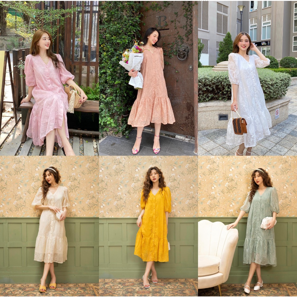 Đầm maxi ren thêu hoa chìm dáng đuôi cá gài nút D725