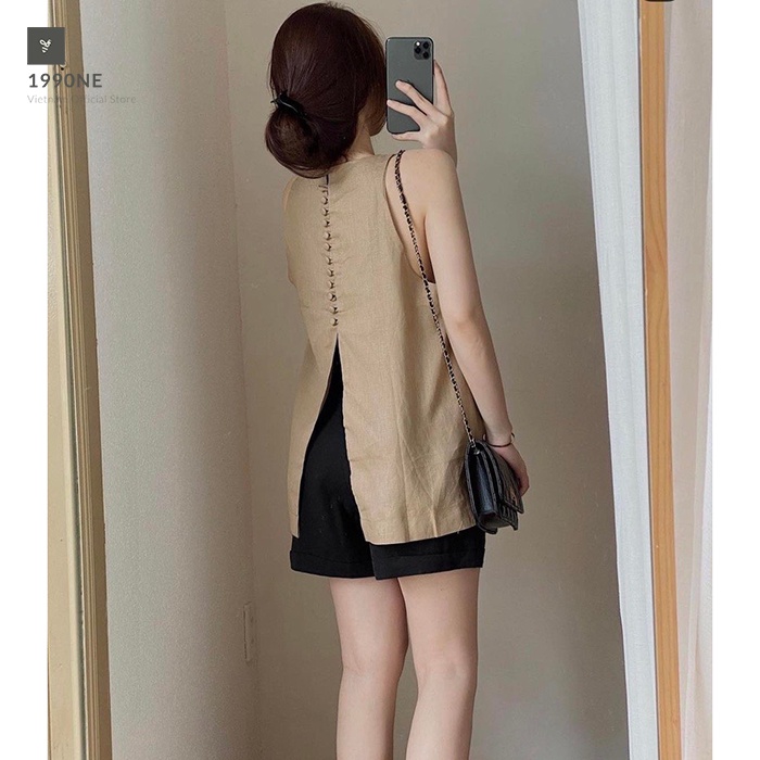 Bộ linen nữ sát nách LAHSTORE, dáng yếm nút xẻ sau trẻ trung