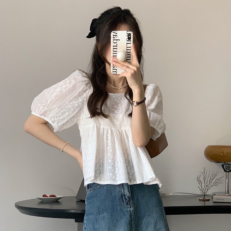 Áo Kiểu Tay Phồng Cổ Vuông Phối Ren Thời Trang Mùa Hè Xinh Xắn Cho Bé