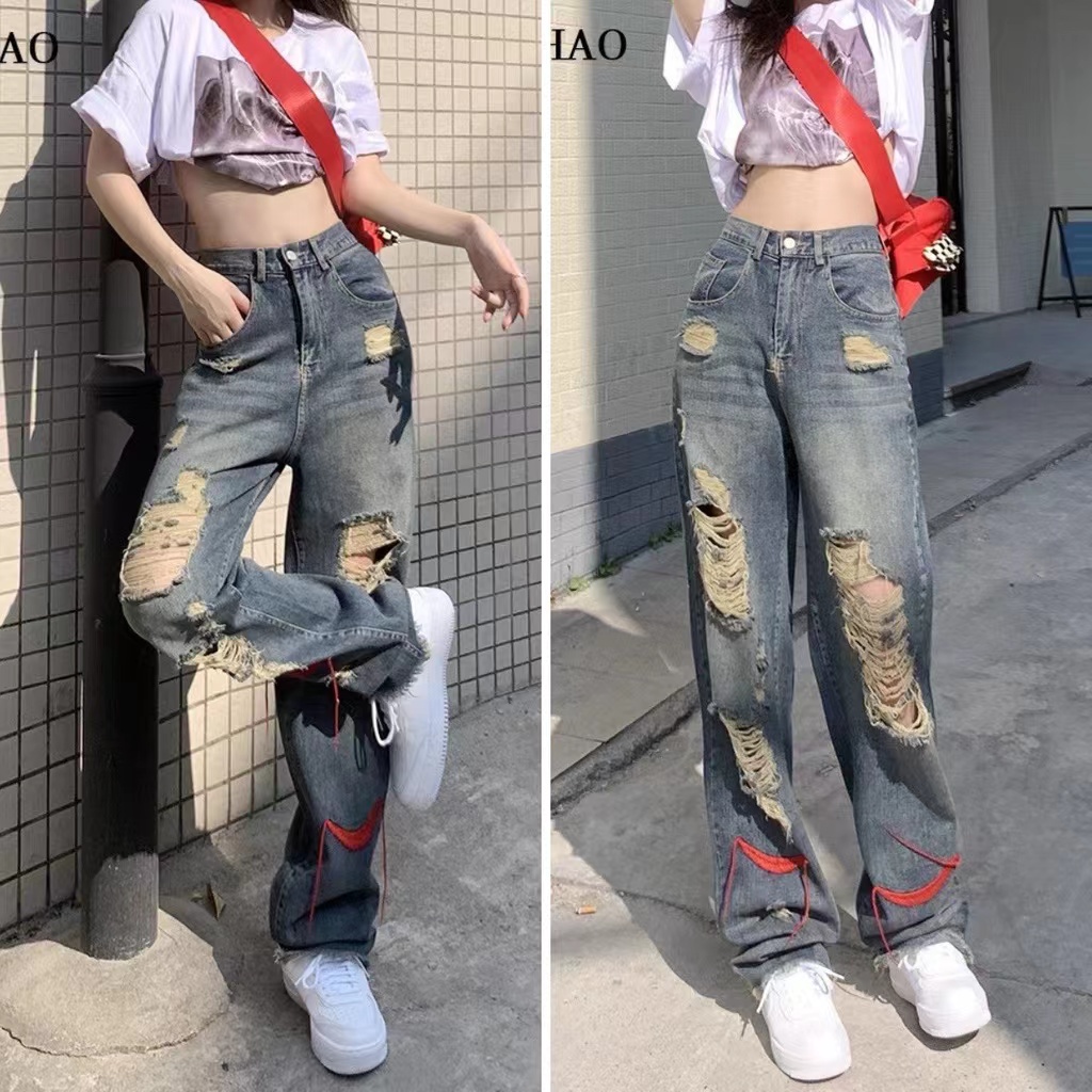 Quần Jeans Nữ Lưng Cao Thêu Hoa Cá Tính