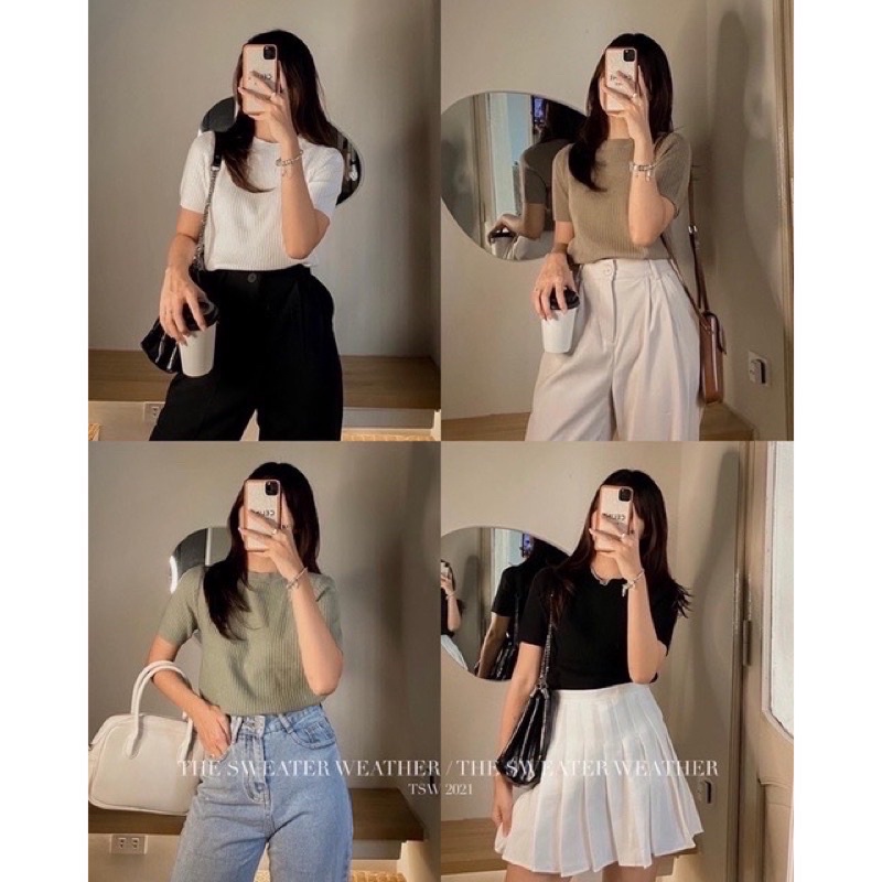 Áo len tăm đũa Hàn Quốc cực xinh hàng Quảng Châu, Áo Len Tăm Đũa Cộc Tay Dáng Ôm Cổ Tròn Basic
