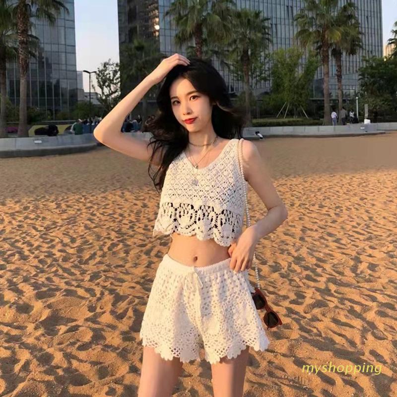 Áo Croptop Dệt Kim Sát Nách Thiết Kế Khoét Lỗ Thời Trang Đi Biển Cho Nữ