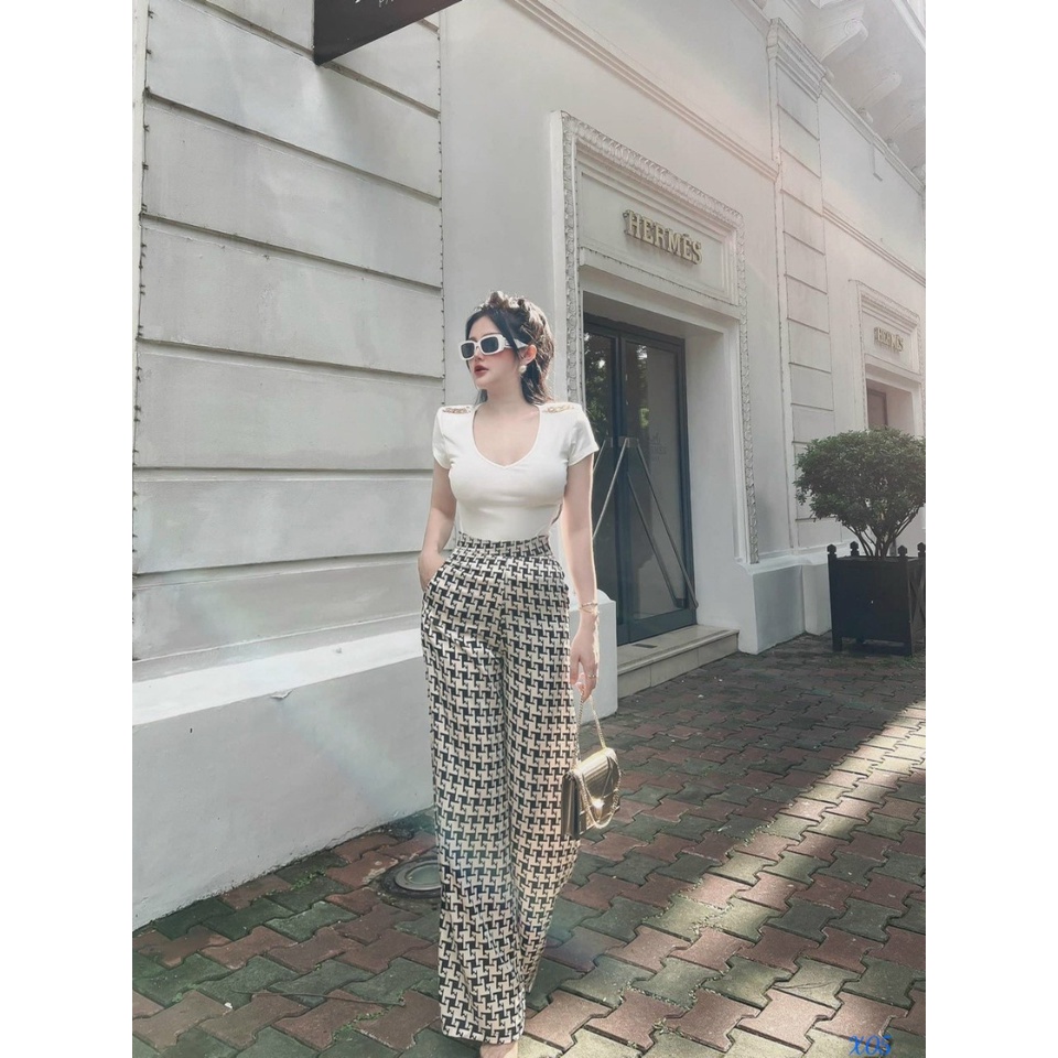 Set bộ 2 món quần dài ống suông kèm áo thun ôm body ngắn lưng cổ tim đơn giản nhưng đẹp