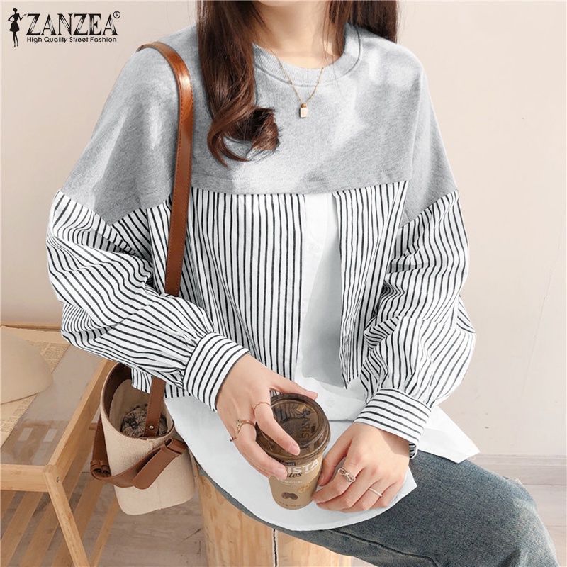 Áo cotton ZANZEA dài tay hoạ tiết sọc giả hai mảnh cổ điển cho nữ