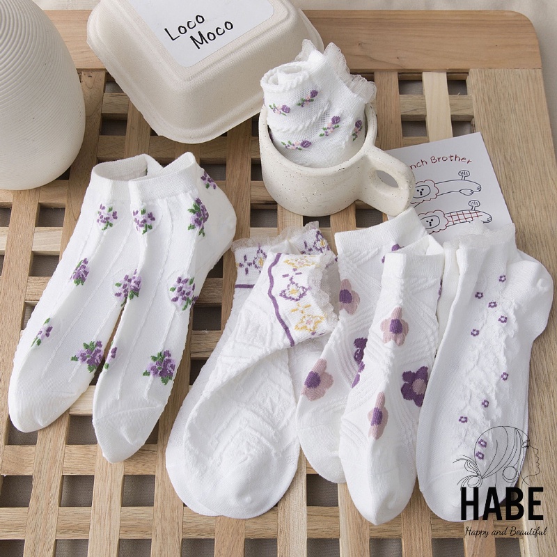 Set 5 đôi tất vớ nữ vintage cổ ngắn cotton Hàn Quốc thông hơi khử mùi hoạ tiết dễ thương HABE TV04