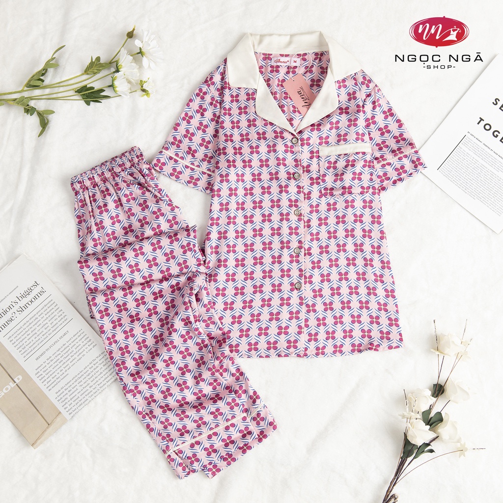 Bộ đồ mặc nhà ANNA. Set đồ Pijama nữ mặc ở nhà cao cấp, chất lụa mềm mịn, họa tiết 3D độc đáo, dáng áo cộc quần dài