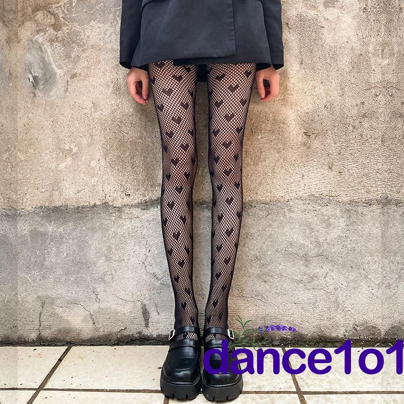 Vớ lưới rỗng màu đen co giãn tốt in họa tiết trái tim cho nữ