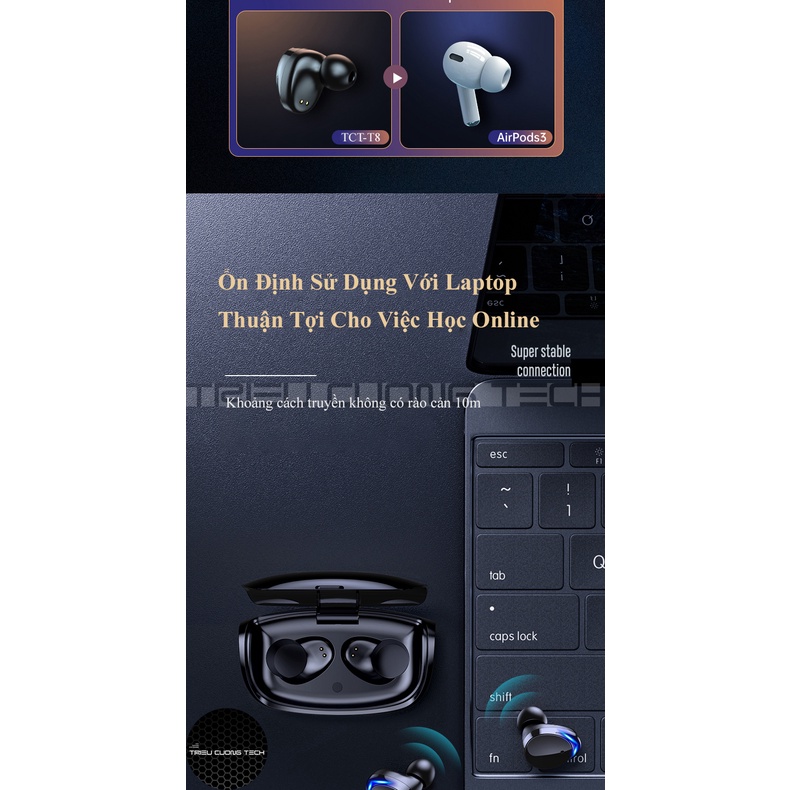 Tai Nghe Bluetooth True Wireless Triều Cường Tech Tech TCT-T8 - Hộp Đèn Led Gaming-Chống Ồn-Kháng Nước-Chỉnh Âm Lượng