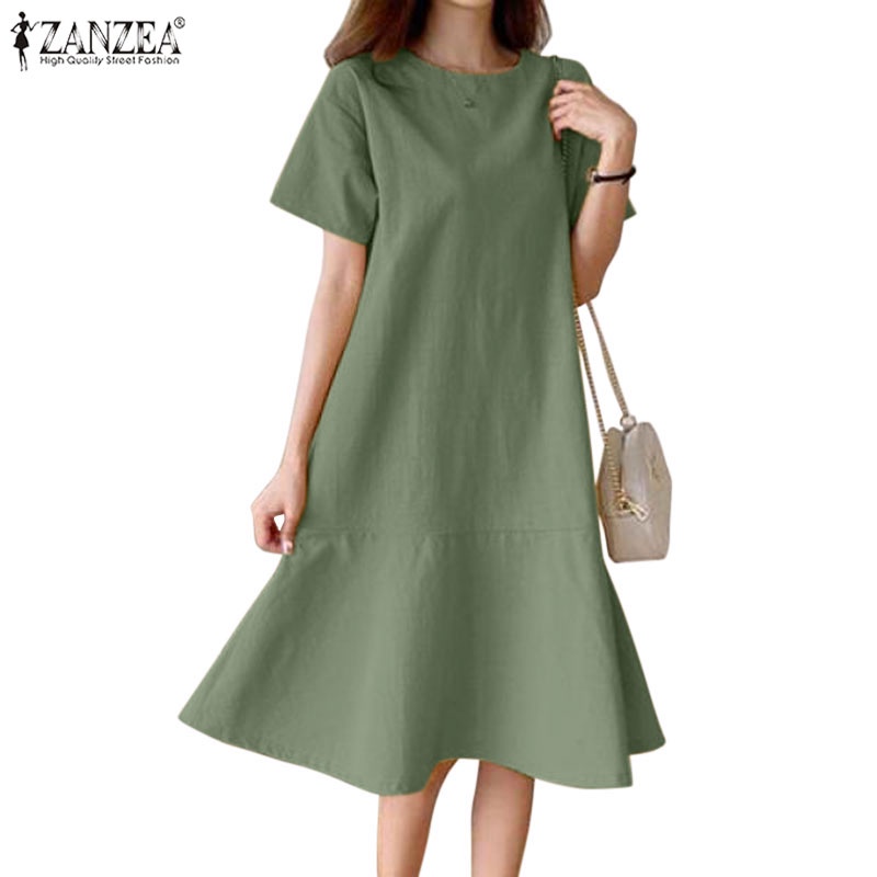 Đầm midi ZANZEA tay ngắn cổ tròn dáng rộng thời trang dành cho nữ