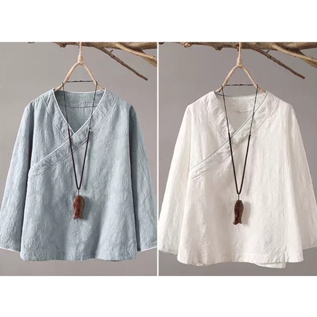 Trang phục đồ lam lễ chùa, tập thiền & yoga, khí công cổ chéo cách tân vải đũi cotton Thiền Chay (Trắng)