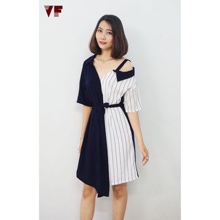 Freeship đơn 99k_đầm phối sọc thắt nơ eo