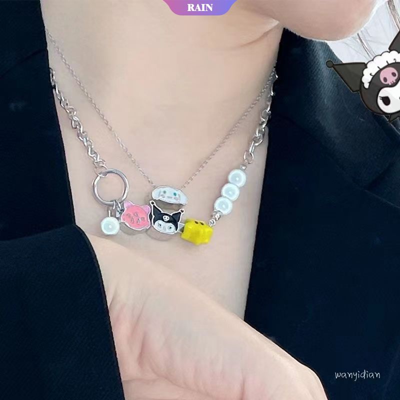 Vòng cổ Kim Loại Hai Lớp Mặt Búp Bê Hoạt Hình Sanrio Kuromi Đáng Yêu