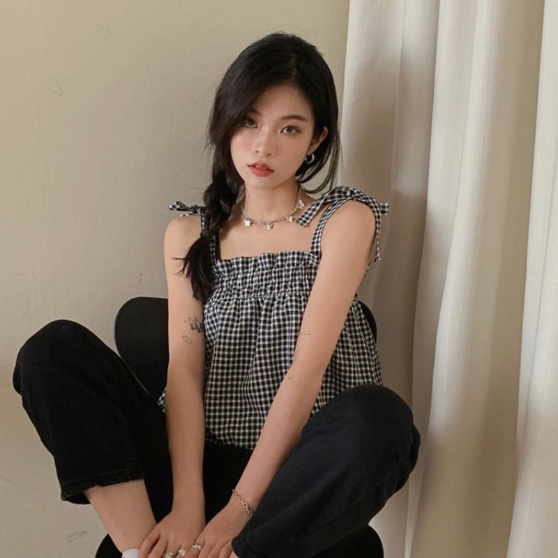 Áo Hai Dây Dáng Rộng Kẻ Sọc Caro Phong Cách Hàn Quốc Thời Trang Mùa Hè Hàng Mới 2022 Dành Cho Bạn Nữ