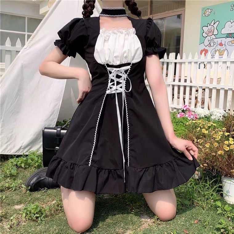 Đầm tay phồng phối dây buộc eo phong cách Lolita Nhật Bản xinh xắn đáng yêu