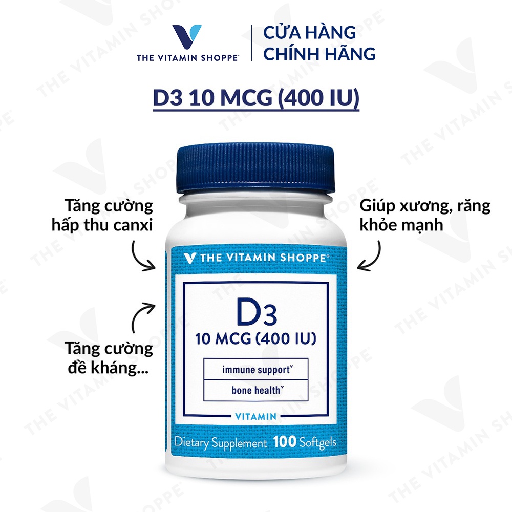 Viên uống bổ sung Vitamin D3, canxi The Vitamin Shoppe D3 10 MCG (400 IU) 100 viên chắc khỏe xương