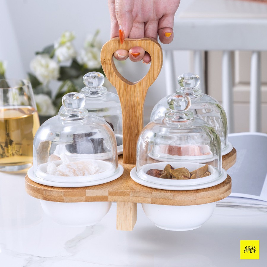 Khay tre đựng bánh kẹo, mứt tết, hoa quả - gồm hũ sứ - chụp thủy tinh mini – set 4 và 6 hũ - phong cách Nhật Bản