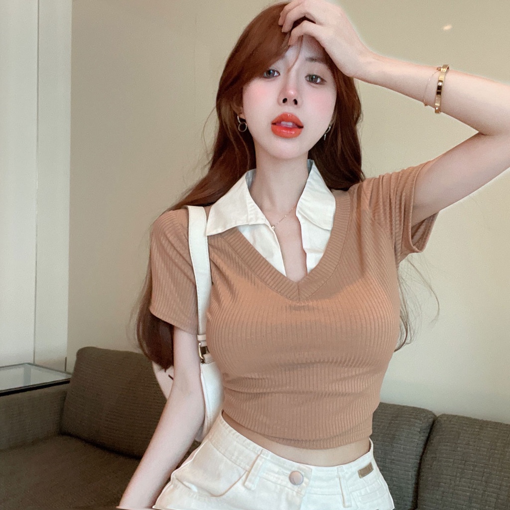 Áo dệt kim ZHELIHANGFEI tay ngắn cổ chữ V giả hai lớp thời trang cá tính cho nữ