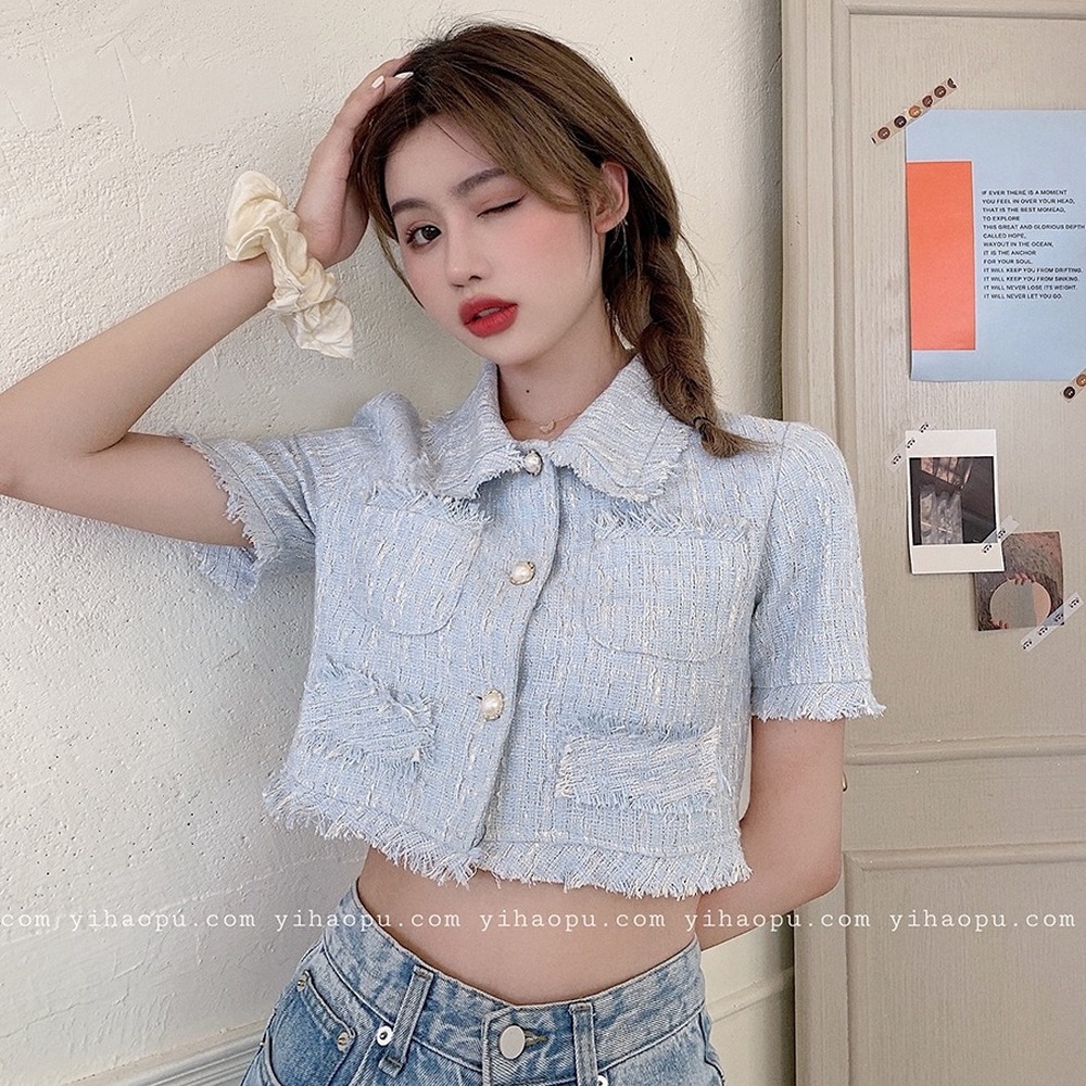 xia Áo cardigan ngắn tua rua / Chân váy lưng cao kiểu dáng thời trang cho nữ