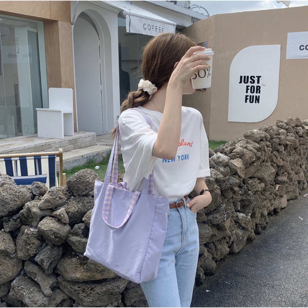 T303/Túi vải 2 mặt kẻ caro và tím phong cách Hàn Quốc năm 2022 thời trang dành cho nữ