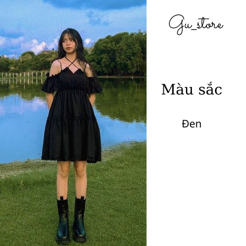 [ Có Ảnh Thật ] Váy Đen Hai Dây Ngực Trễ Vai Buộc Cổ Chất Liệu Đũi Dày Dặn Hot Trend GU Store mã122 | BigBuy360 - bigbuy360.vn