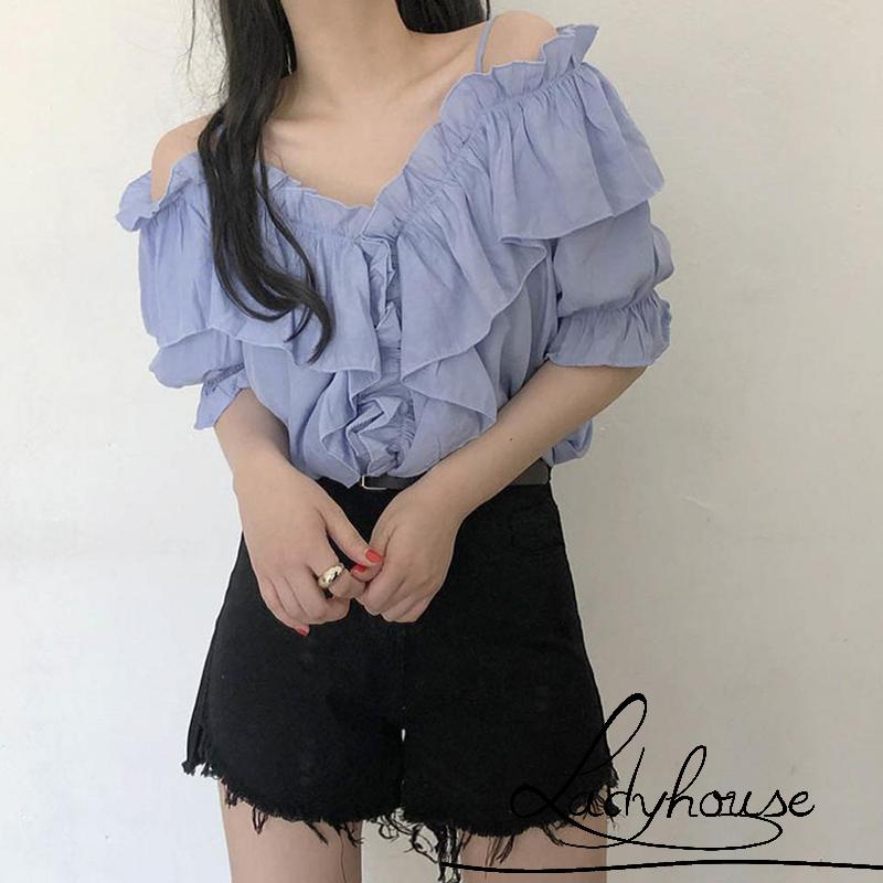 Áo Kiểu Trễ Vai Tay Ngắn Màu Trơn Thời Trang Mùa Hè Cho Nữ