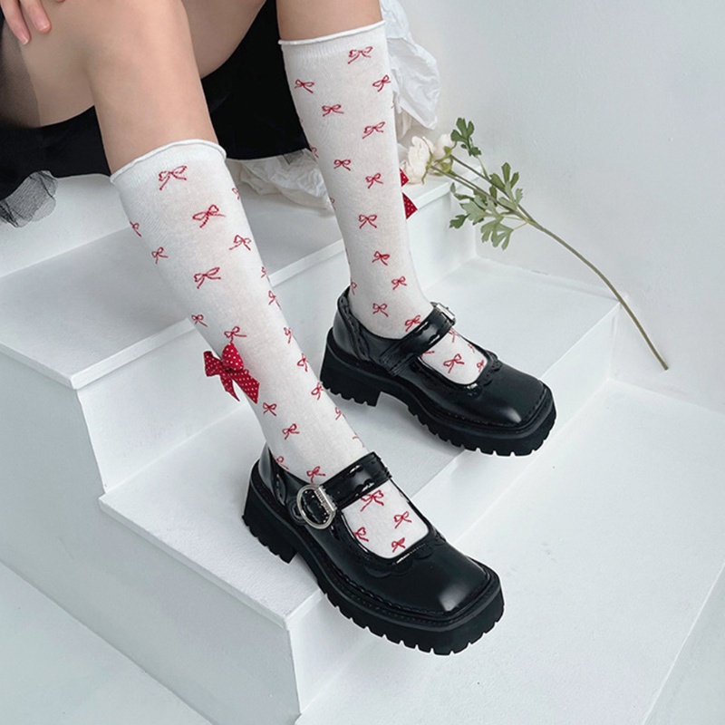 Youyo Vớ Ống Lửng Vừa Bằng Cotton Co Giãn Phối Bèo Nhún Họa Tiết Chấm Bi Phong Cách Lolita Nhật Bản Dễ Thương Cho Nữ