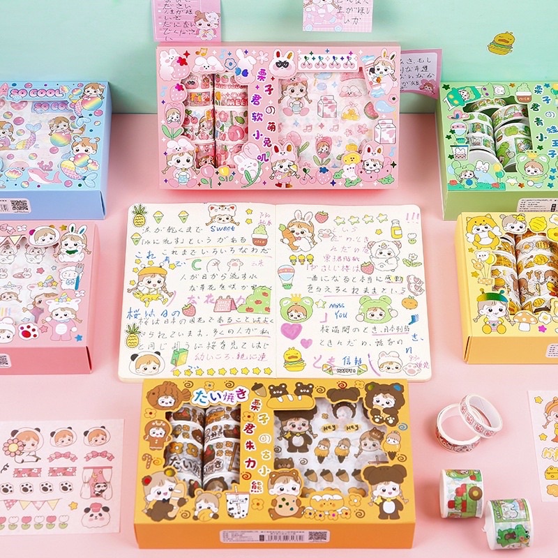 Hộp 10 cuộn washi tape + sticker nhiều hình cute dễ thương